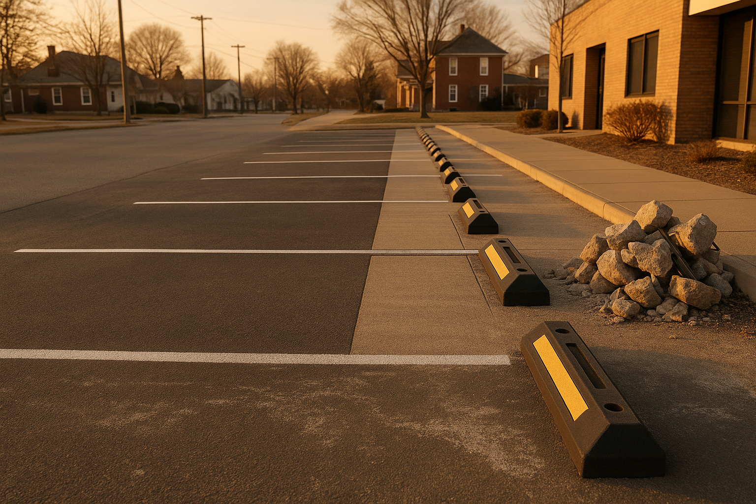 Golden-hour wide shot of Indianapolis lot with new wheel stops, refreshed striping, ADA path, staged debris, and snowplow marks.