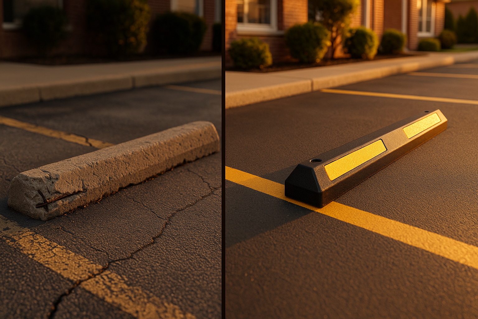Before-and-after parking stall: cracked concrete stop vs new bright plastic stop with reflective tape at golden hour.