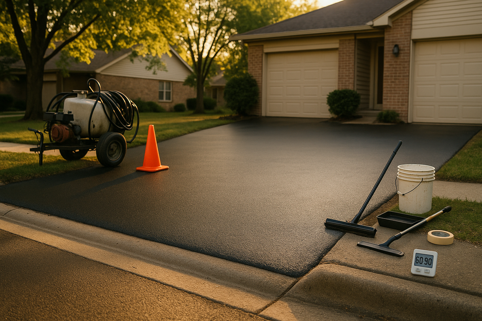 Centered suburban Indianapolis asphalt driveway at golden hour with idle sealcoat rig, thermometer prop, clean pavement, mature trees, no people.