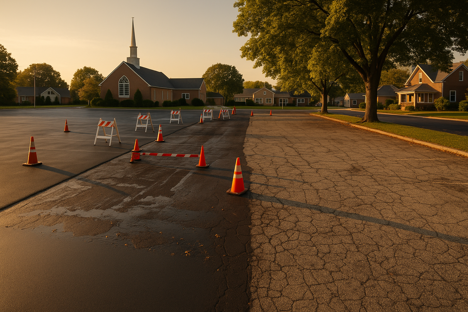 Golden-hour church parking lot split between cured black sealcoat and faded cracked gray asphalt, cones cordoning phased sections.