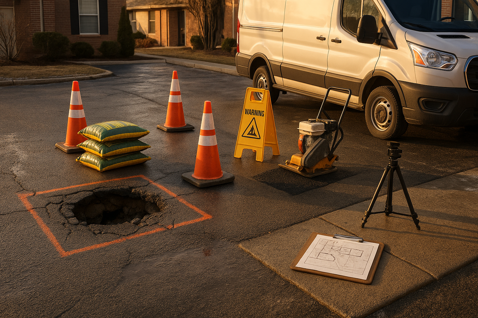 Late-winter Indianapolis driveway with a delivery van tire sunk in a pothole, cold-mix bags, compactor, cones, tripod and clipboard visible.