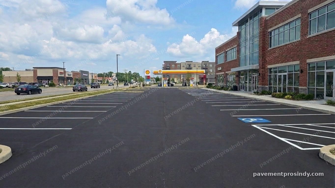 The same lot after work — an even black sealed surface with crisp white stall lines down both sides of the drive lane, and a blue accessible space with a hatched access aisle at the near corner.