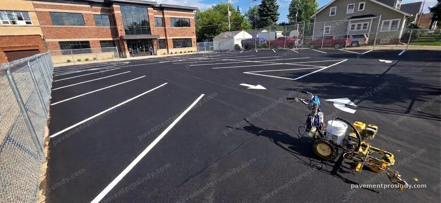 A school parking lot on a freshly sealed black surface marked out in crisp white striping — long rows of stalls down both sides, angled stalls along a chain-link fence, and directional arrows through the drive lane.